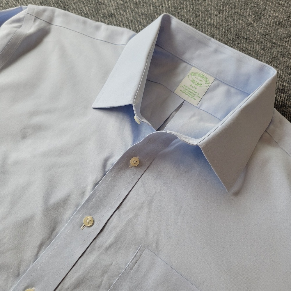 Brooks Brothers Dress Shirt Mens 17 35 Blue Milano Slim Non Iron Stretch Striped